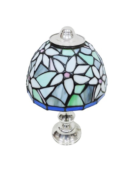 Lampada Da Tavolo In Argento Con Paralume In Vetro Colorato Stile Tiffany