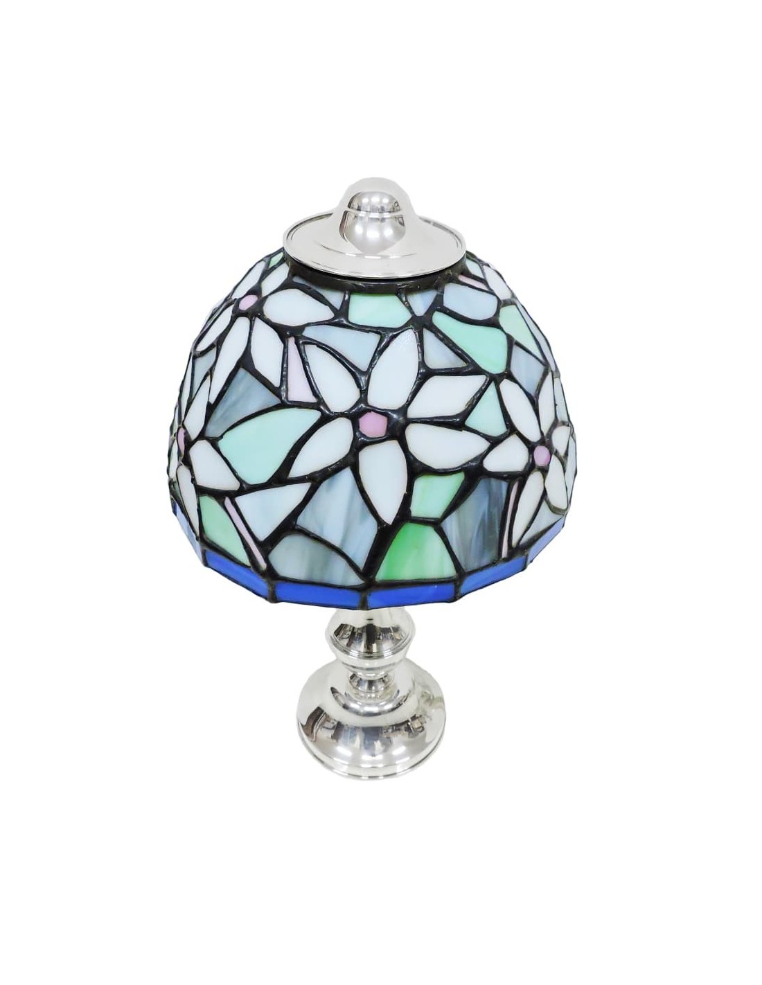 Lampada Da Tavolo In Argento Con Paralume In Vetro Colorato Stile Tiffany