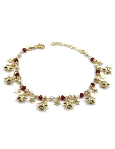 Stars Bracelet in Gold Plated Sterling Silver with Red Stones and Pearls