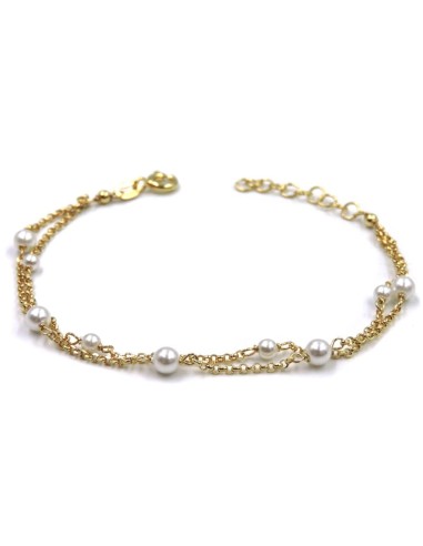 Gold Plated Sterling Silver Two Chains Bracelet with Pearls 