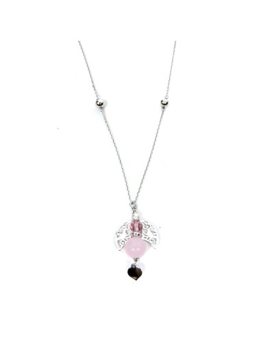 Collana 60 cm Con Ciondolo Cherubino in Argento 925 e Pietre Rosa 