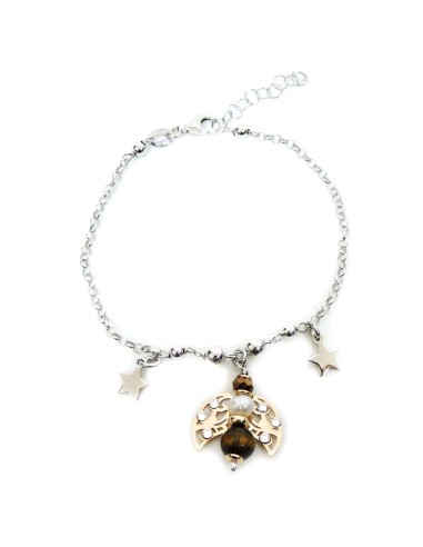 925 Sterling Silver Bracelet With Cherub Pendant with Pearls and Tiger's Eye by Damiano Argenti