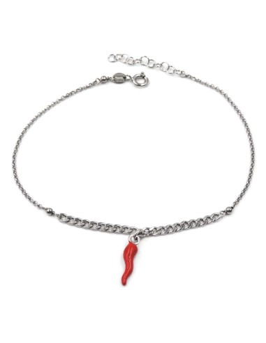 925 Sterling Silver Anklet with Red Horn Pendant