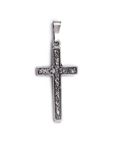 Solid Silver Cross Pendant with Flowers Decor