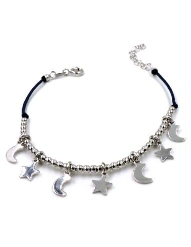 Blue Rope Bracelet with 925 Sterling Silver Stars and Moon Pendants