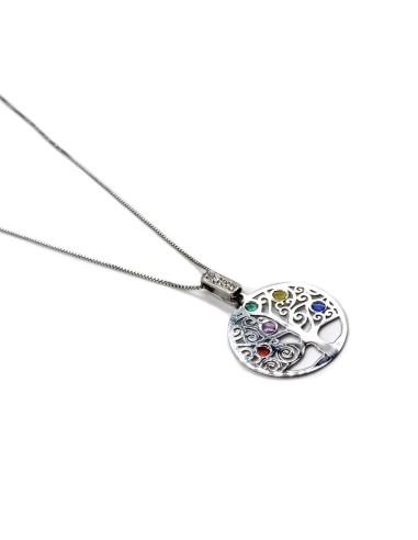 925 Sterling Silver Tree of Life Necklace with Colored Glass Inserts