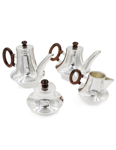 Italian Solid Silver Tea and Coffee Set with Oval Wooden Handles 