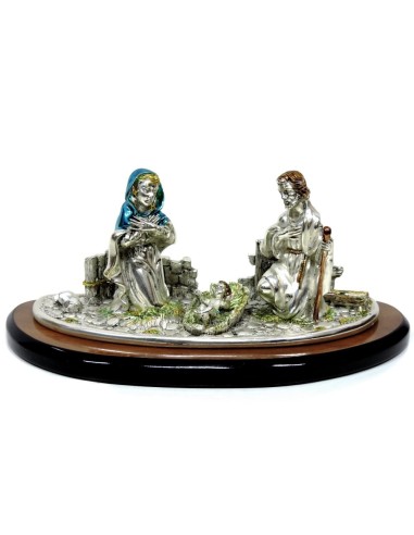 Scultura Sacra Famiglia in Resina Laminato Argento Smaltata su base Legno