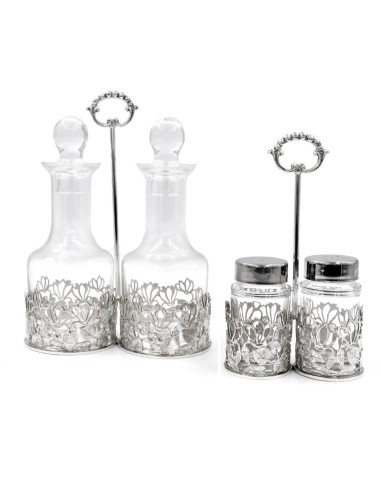 Solid Silver and Fine Crystal Cruet Set with Leaves Decoration