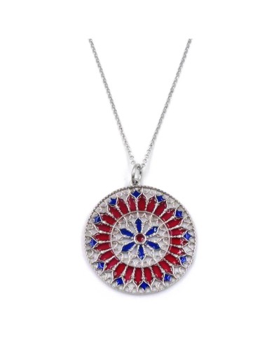 Solid Silver Necklace with Red and Blue Rose Window Pendant 