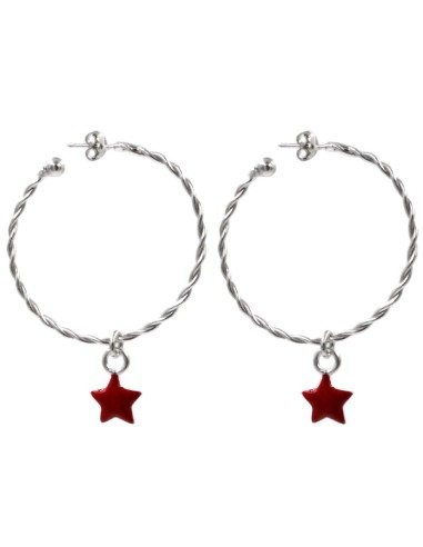  Orecchini Cerchi Torchon in Argento 925 con Stellina Rossa 