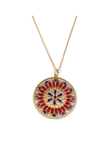 Solid Silver Gilt Necklace with Red and Blue Rose Window Pendant 