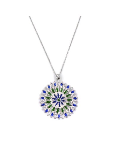 Solid Silver Necklace with Green and Blue Rose Window Pendant 