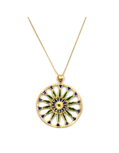 Solid Silver Gilt Necklace with Green and Blue Rose Window Pendant 