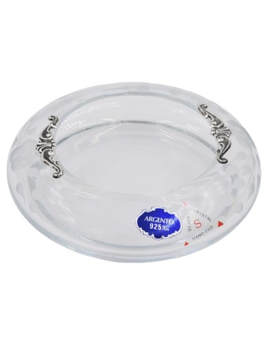 Hand Cutted Round Crystal Ashtray with Silver Inserts