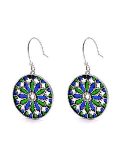 Blu and Green Enameled Silver Rose Window Earrings 