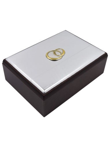 Wedding Wooden Jewelry Box with Silver Cover with Golden Rings