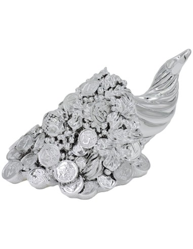 Silver Coated Resin Cornucopia with Fruits and Coins 