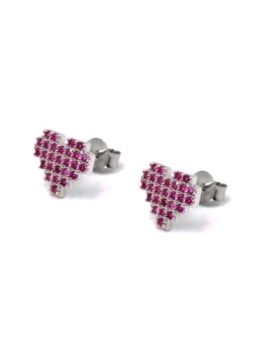 Orecchini Cuore Pixel in Argento 925 con Zirconi Rosa