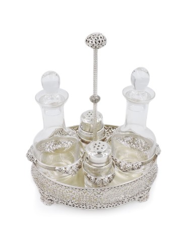 Sterling Silver and Fine Crystal Cruet Set with Flowers Decoration