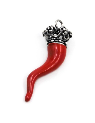 Red Enamelled Solid Silver Crowned Lucky Horn Pendant 