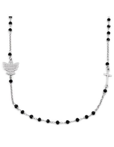 925 Sterling Silver Angel of God Rosary Necklace with Black Zircons 