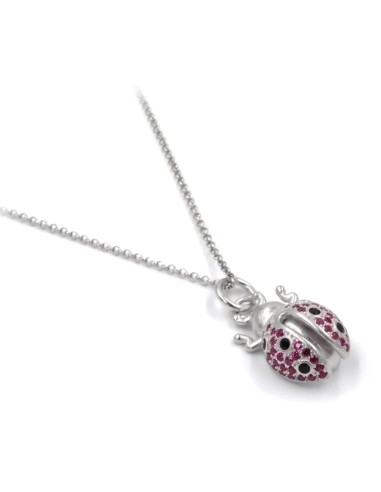 925 Sterling Silver Ladybug Necklace with Red and Black Zircons