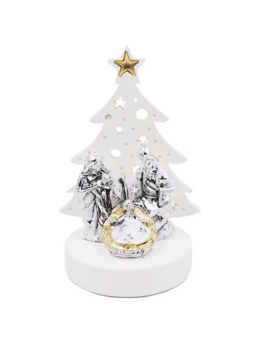 White Resin Nativity Scene with Christmas Tree 