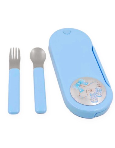 Blue Baby Boy Cutlery Set with Bow and Newborn Shoes