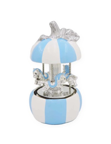 White and Blue Ceramic Carousel Music Box with Horses