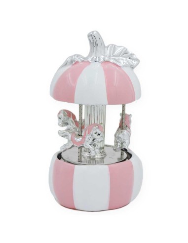 White and Pink Ceramic Carousel Music Box with Horses