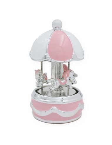 White and Pink Ceramic Carousel Music Box 