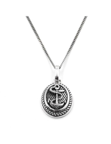 Men's Sterling Silver Curb Necklace with Oval Anchor Pendant