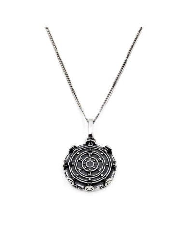 Men's Sterling Silver Curb Necklace with Labyrinth Round Pendant