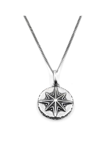 Men's Sterling Silver Curb Necklace with Wind Rose Round Pendant