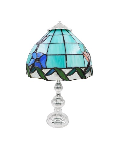 Tiffany-Lampe mit silbernem Sockel und türkis verziertem Glaslampenschirm