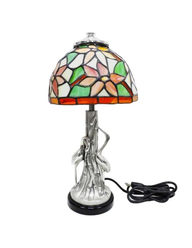 Silver Herons Lamp with Tiffany Style Glass Lampshade