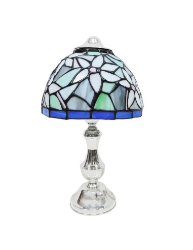 Lampada da Tavolo in Argento con Paralume in Vetro Colorato Stile Tiffany 