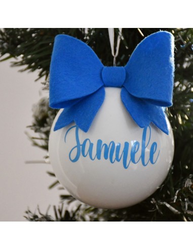 White Blown Glass Christmas Tree Ball Customizable with Light Blue Name