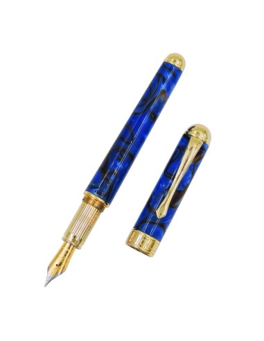 Blue Brown Pearl Veined Resin and Sterling Silver Fountain Pen 