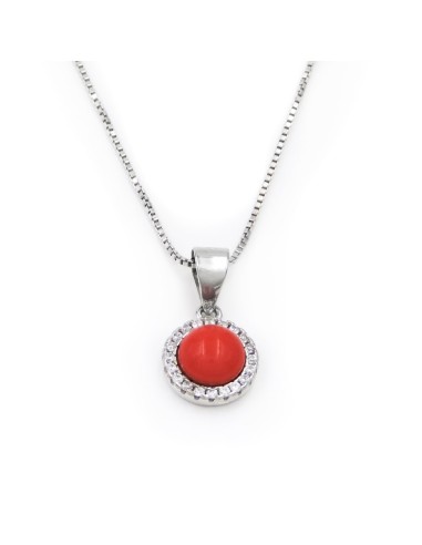 925 Sterling Silver Necklace with Red Coral and White Zircons