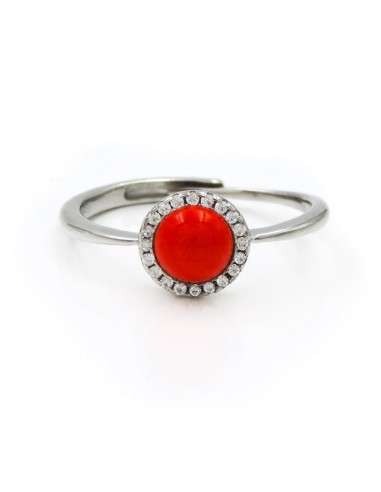 925 Sterling Silver Ring with Round Red Coral Paste Stone