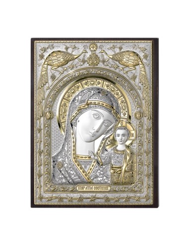 Virgin of Kazan Silver Icon with Golden Details