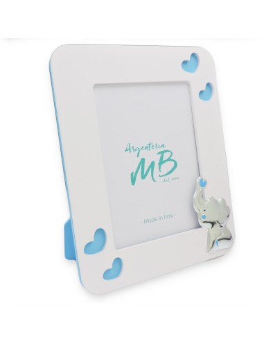 Baby Boy Birth Photo Frame in White and Blue Wood with Silver Elephant