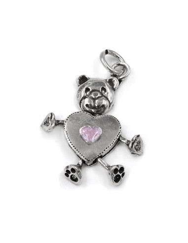 Heart Shaped Bear Silver Pendant Pink Enamel